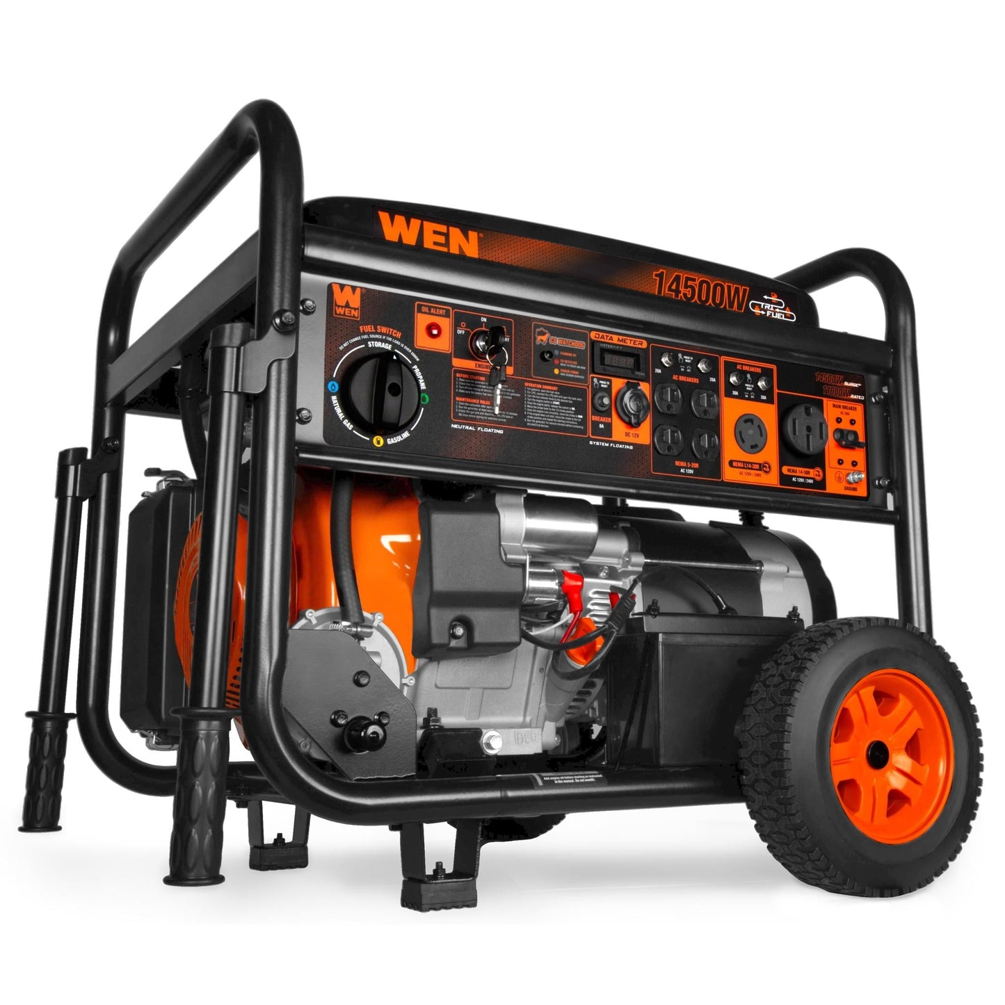 WEN TF1450X 14,500-Watt 120V/240V Tri-Fuel Generator for Gas, Propane, and Natural Gas, Transfer-Switch Ready with Electric Start, Wheel Kit, and CO Watchdog - TF1450X