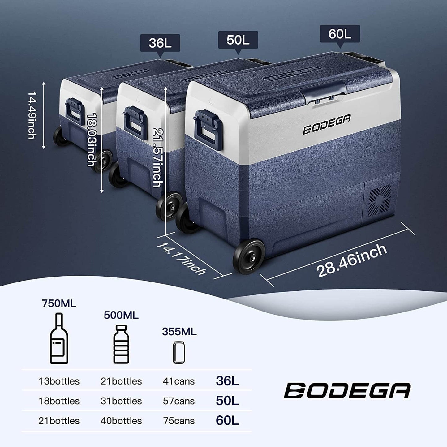 BODEGAcooler 12V Fridge 64qt/60L with Wheels Dual Zone T60