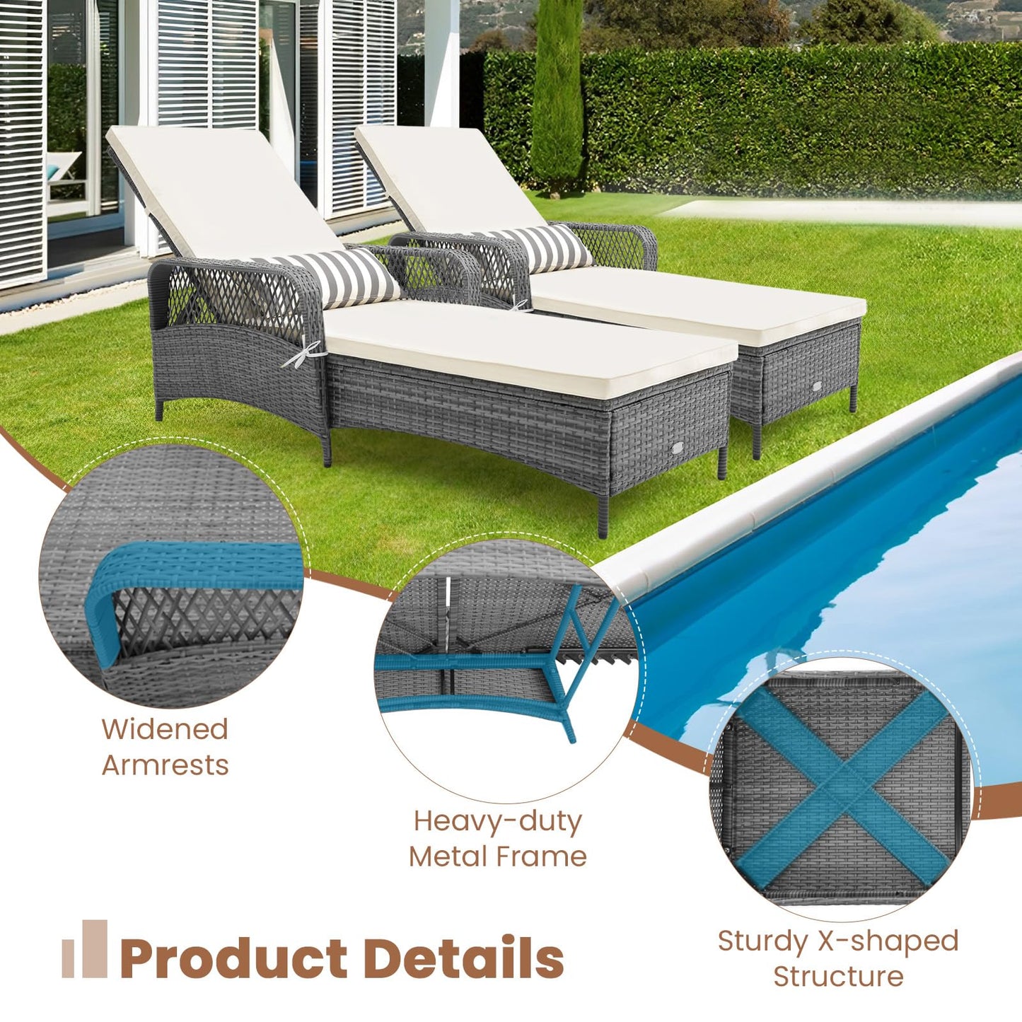 Tangkula Outdoor Chaise Lounge, Patio PE Recliner with 6-Level Backrest - HW71246