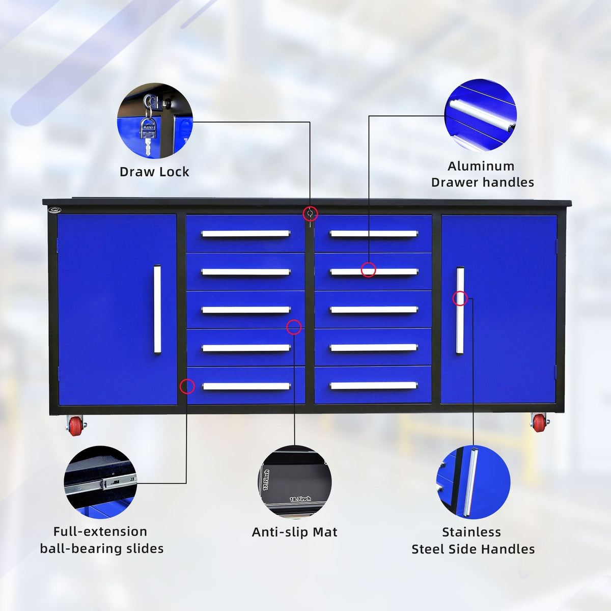7ft 10-drawer Storage Workbench with Wheels
