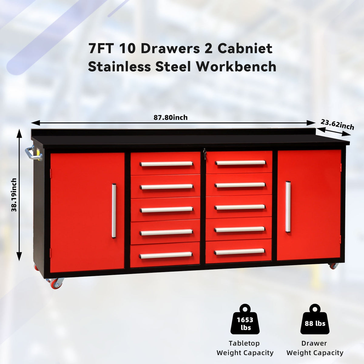 7ft 10-drawer Storage Workbench with Wheels