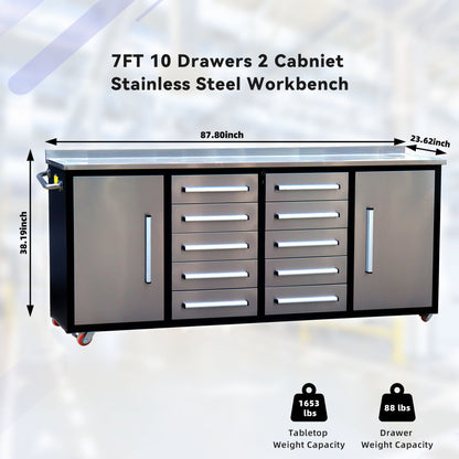 7ft 10-drawer Storage Workbench with Wheels