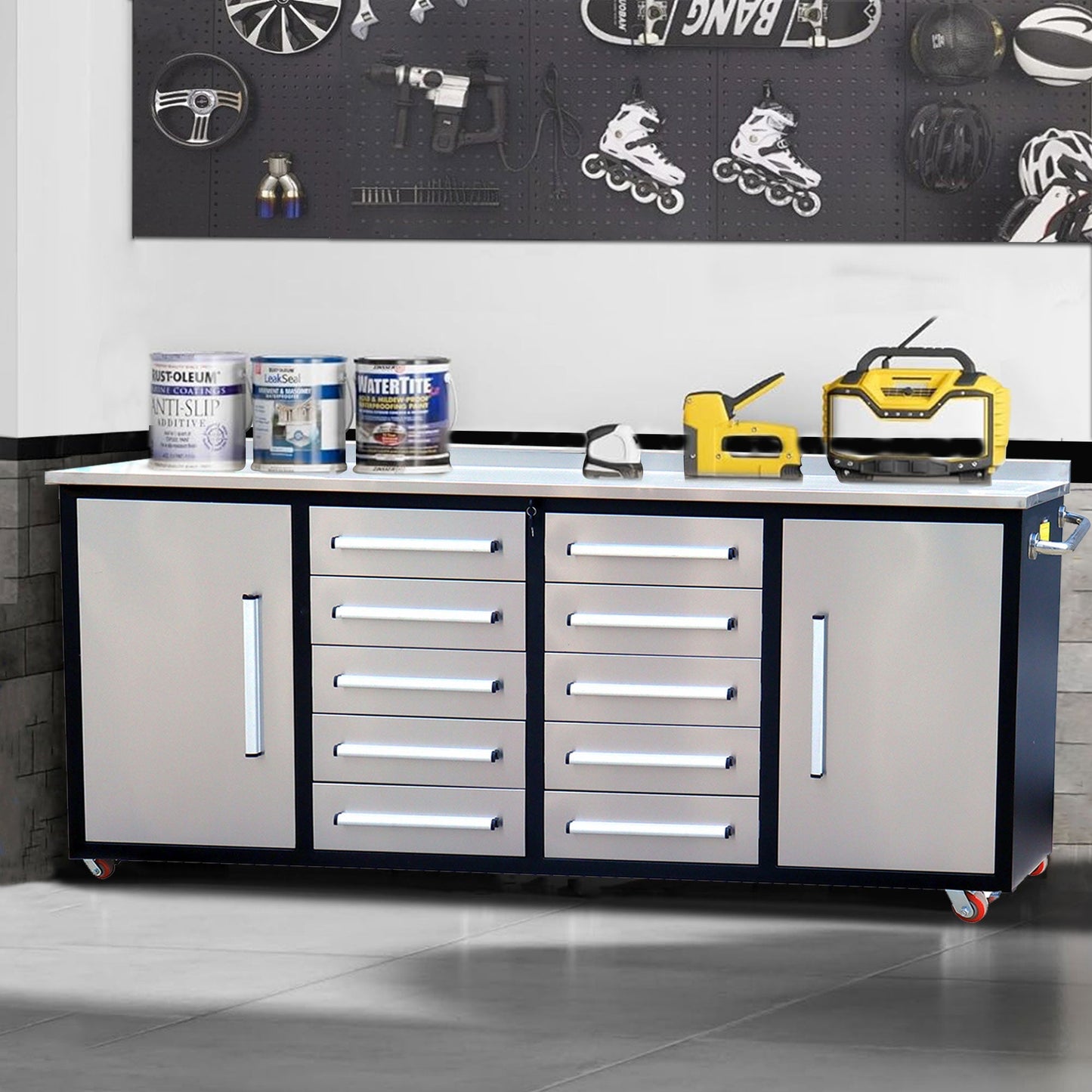 7ft 10-drawer Storage Workbench with Wheels