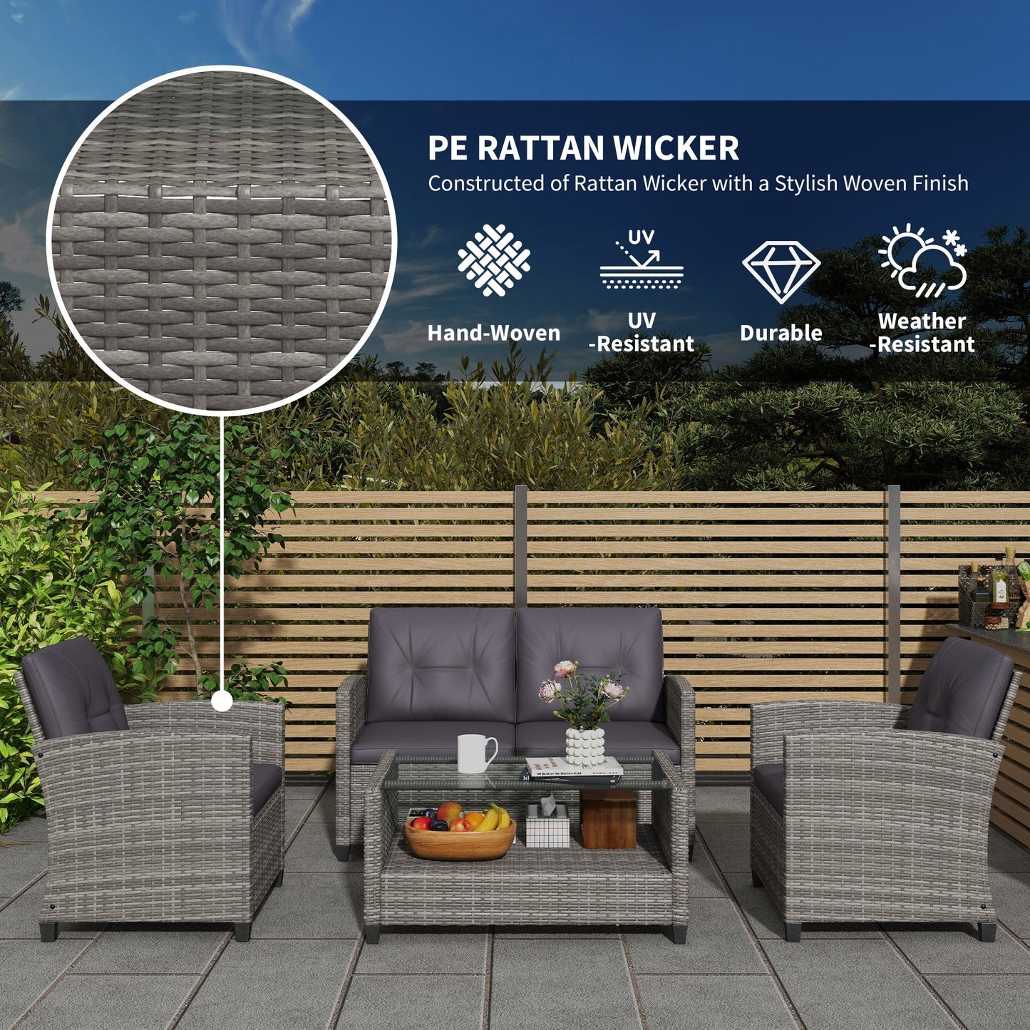Outsunny 4-Piece PE Wicker Patio Set with Two-tier Coffee Table & Cushions, Charcoal - 860-117V01TN