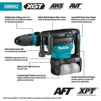 Makita 80V Max (40V Max X2) XGT Brushless 28 lb. AVT Demolition Hammer Kit, accepts SDS-MAX bits, AWS Capable & FREE Makita GRH07M1 - GMH02PM