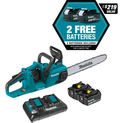 Makita 18V LXT Brushless 16" Chain Saw Kit, 4 ea. BL1850B battery, dual port charger (5.0Ah) - XCU04PT1
