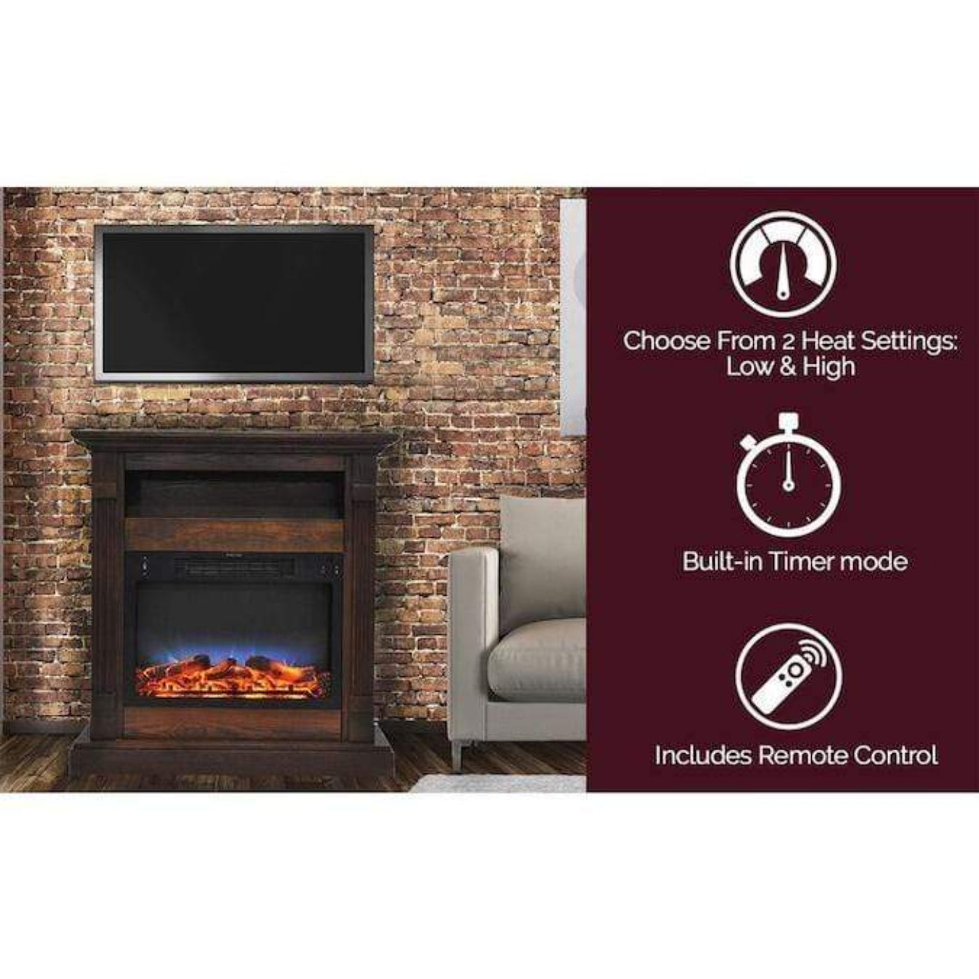Cambridge Sienna 34 In. Electric Fireplace w/ Enhanced Log Display and Walnut Mantel - CAM3437-1WALLG2