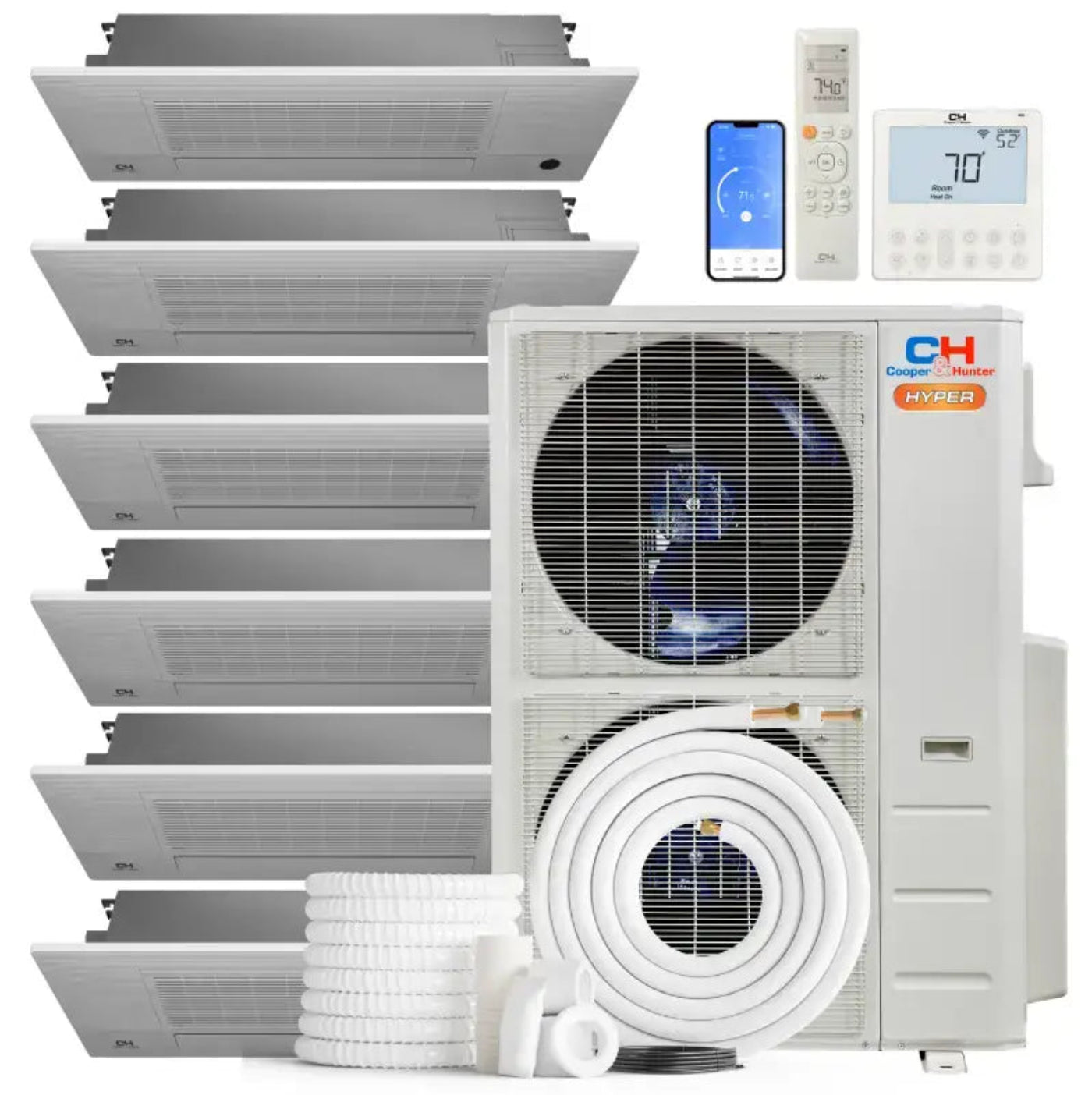 Cooper & Hunter Hyper 48,000 BTU 6-Zone 6K+6K+6K+9K+12K+18K One-Way Cassette, 230V, R454B - Ductless Mini Split Air Conditioner Heat Pump - CH-RHP48M-230VO/M06OW+M06OW+M06OW+M09OW+M12OW+M18OW-NO
