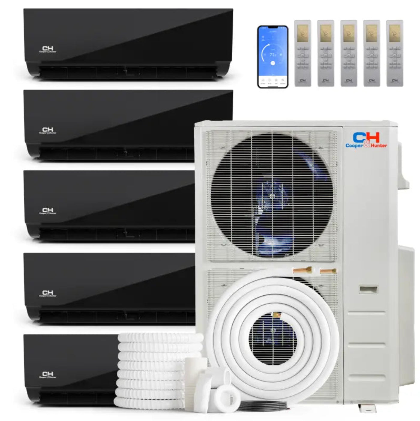 Cooper & Hunter 5 Zone 60,000 BTU Wall Mounted Mini Split AC R454B Midnight 9K+9K+12K+18K+24K - CH-R60MES-230VORB09MOLVWMRB09MOLVWMRB12MOLVWMRB18MOLVWMRB24MOLVWM-NO