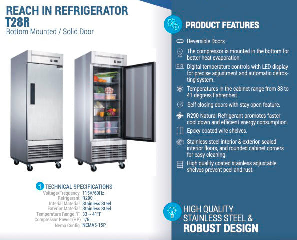 Chef AAA - T28R Commercial 27" Reach-In Refrigerator Solid 1 Door 17.7 cu.ft. - T28R