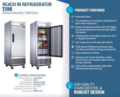 Chef AAA - T28R Commercial 27" Reach-In Refrigerator Solid 1 Door 17.7 cu.ft. - T28R