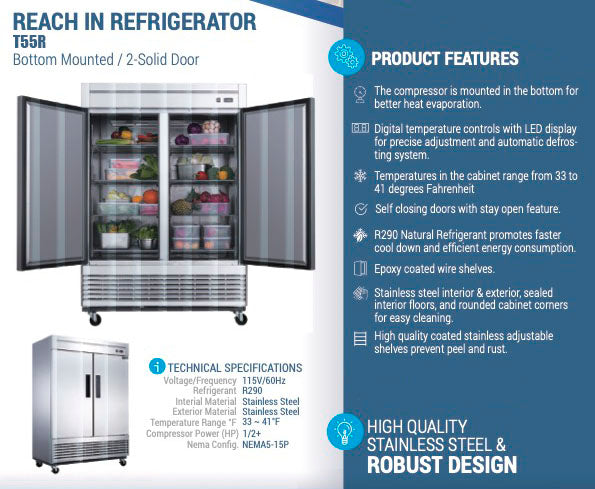 Chef AAA - T55R Commercial 55" Reach-In Refrigerator Solid 2 Door 40 cu.ft. NSF