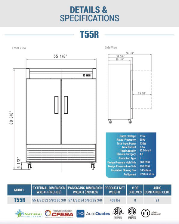 Chef AAA - T55R Commercial 55" Reach-In Refrigerator Solid 2 Door 40 cu.ft. NSF