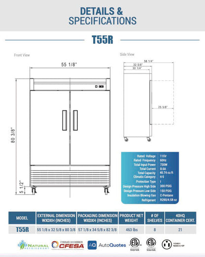 Chef AAA - T55R Commercial 55" Reach-In Refrigerator Solid 2 Door 40 cu.ft. NSF
