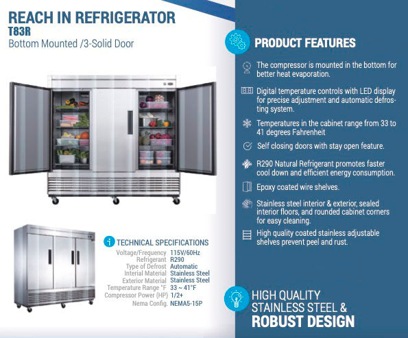 Chef AAA - T83R Commercial 83" Reach-In Refrigerator 3 Solid Door Stainless Steel 64 cu.ft. - T83R