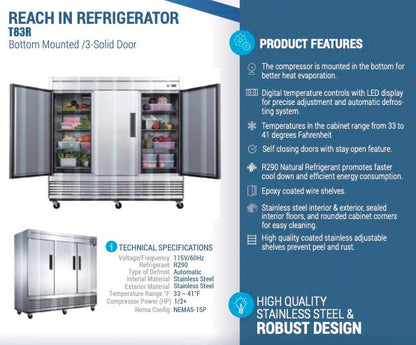Chef AAA - T83R Commercial 83" Reach-In Refrigerator 3 Solid Door Stainless Steel 64 cu.ft. - T83R