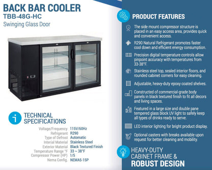 Chef AAA - TBB-48G-HC, Commercial 49" Glass Door Back Bar Refrigerator 11.2 cu.ft. - TBB-48G-HC