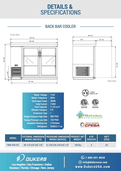 Chef AAA - TBB-48G-HC, Commercial 49" Glass Door Back Bar Refrigerator 11.2 cu.ft. - TBB-48G-HC