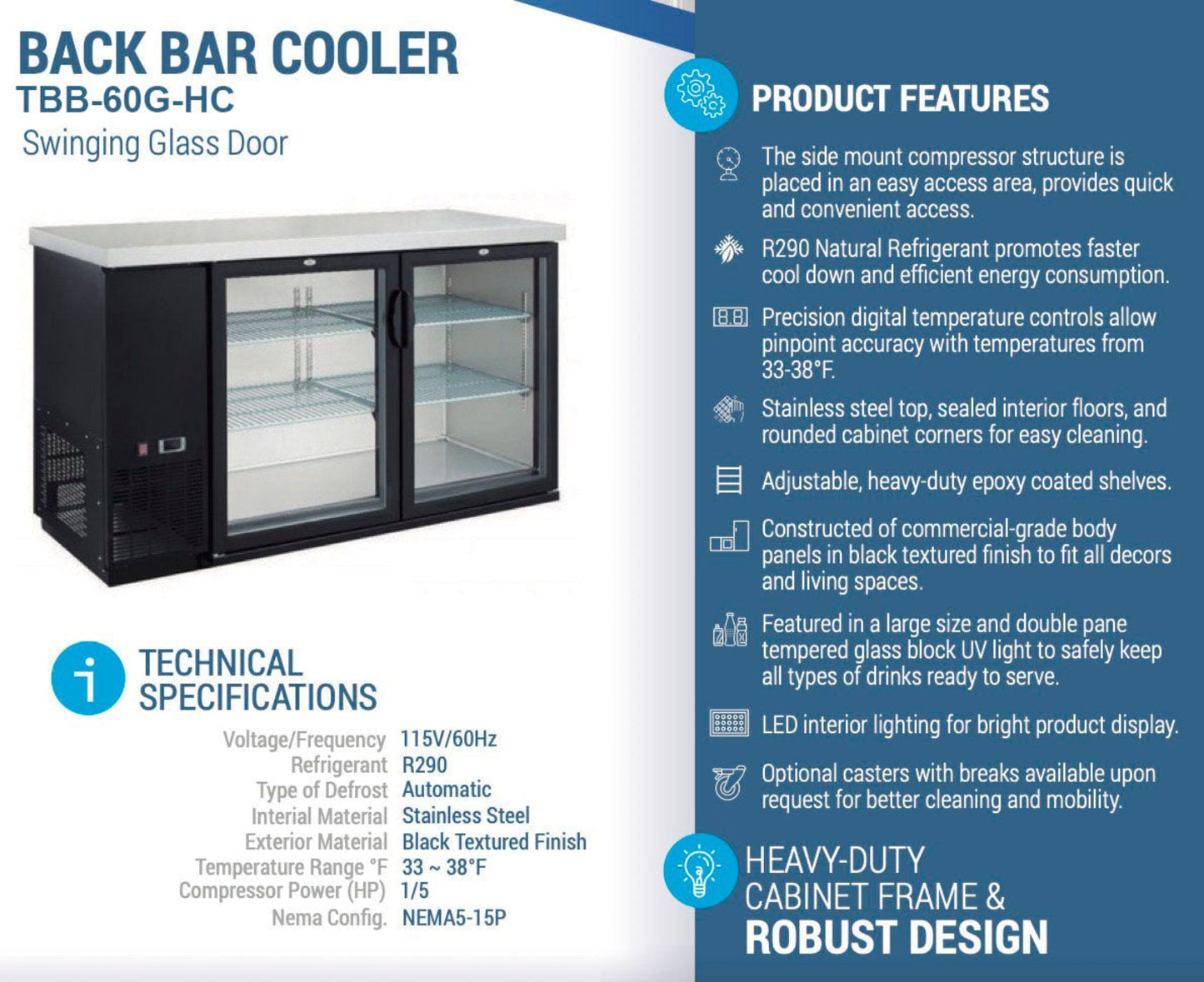 Chef AAA - TBB-60G-HC, Commercial 61" Glass Door Back Bar Refrigerator 15.2 cu.ft. - TBB-60G-HC