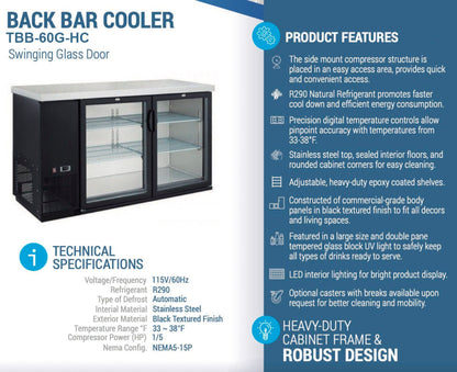 Chef AAA - TBB-60G-HC, Commercial 61" Glass Door Back Bar Refrigerator 15.2 cu.ft. - TBB-60G-HC