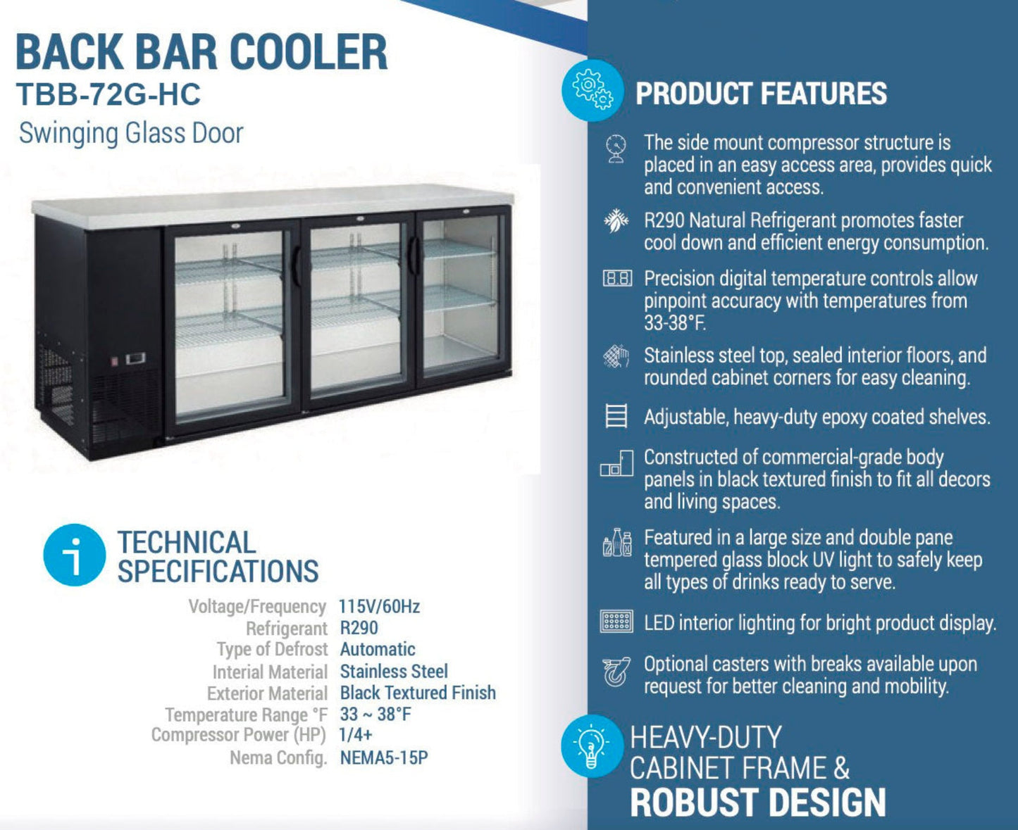 Chef AAA - TBB-72G-HC, Commercial 73" Glass Door Back Bar Refrigerator 19.2 cu.ft. - TBB-72G-HC