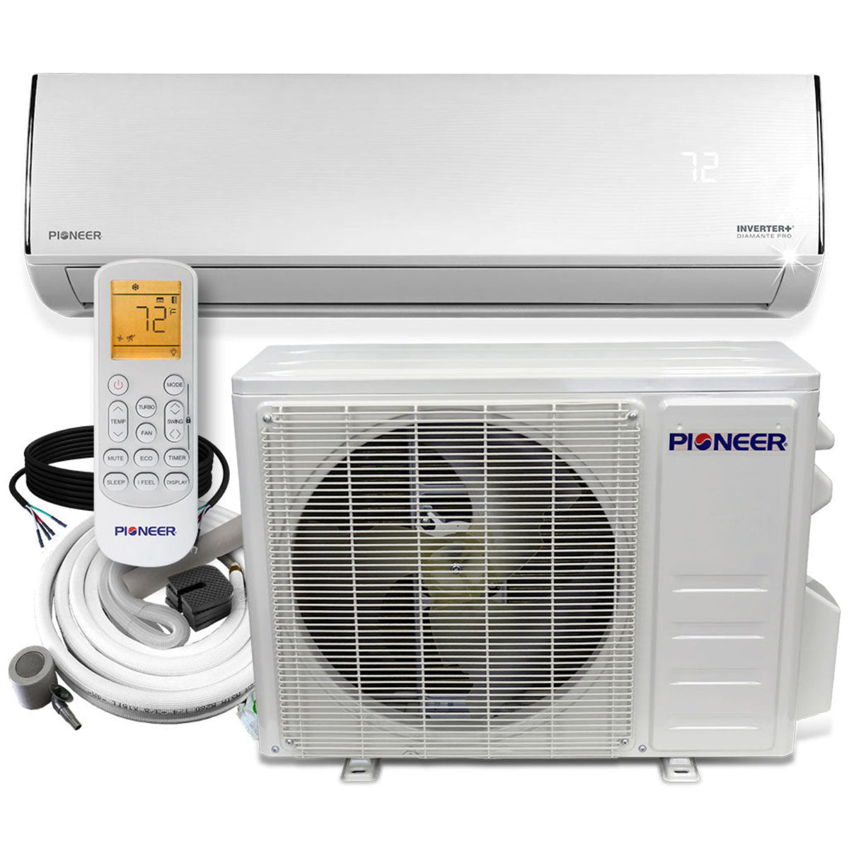 Pioneer Diamante Pro Series 12,000 BTU 19 SEER2 Ductless Mini-Split Air Conditioner Inverter+ Heat Pump Full Set 115V with 16 Ft. Kit - WYT012ALFI19RL