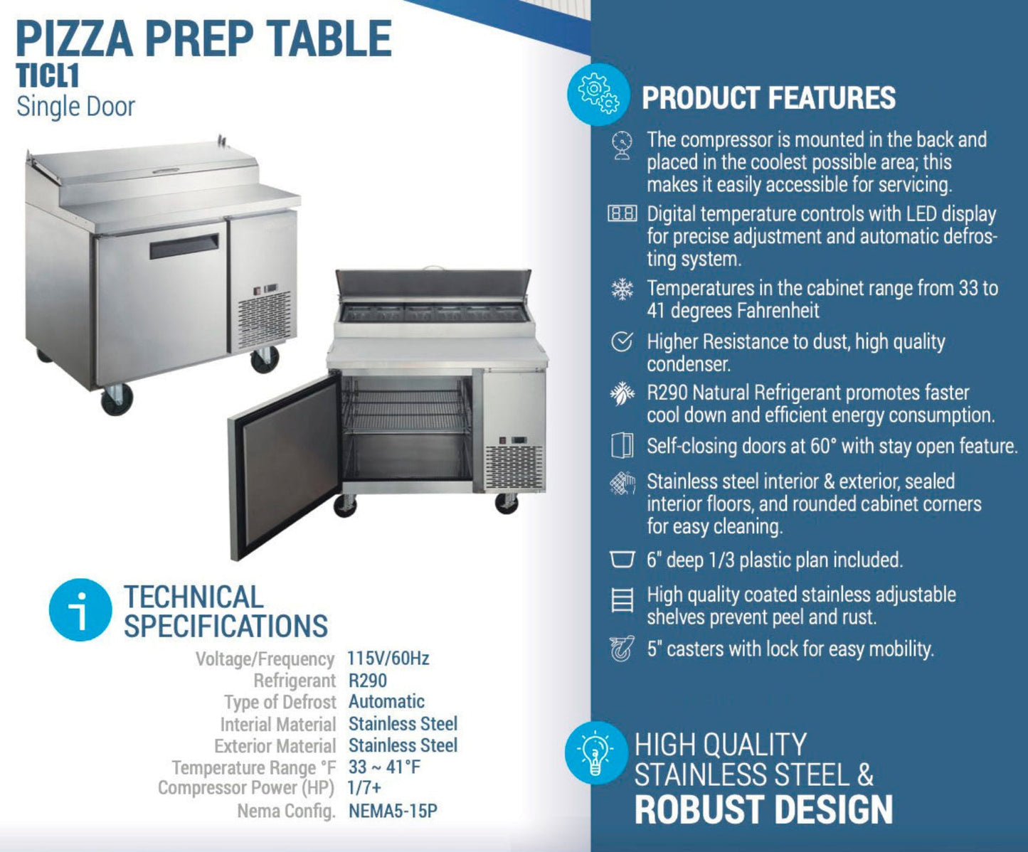 Chef AAA - TICL1-HC, 44" Commercial Sandwich Prep Table Refrigerator 6 Pans 1 Door Stainless Steel 9.8 cu.ft. - TICL1-HC