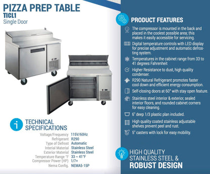 Chef AAA - TICL1-HC, 44" Commercial Sandwich Prep Table Refrigerator 6 Pans 1 Door Stainless Steel 9.8 cu.ft. - TICL1-HC