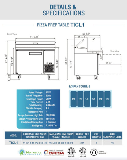 Chef AAA - TICL1-HC, 44" Commercial Sandwich Prep Table Refrigerator 6 Pans 1 Door Stainless Steel 9.8 cu.ft. - TICL1-HC