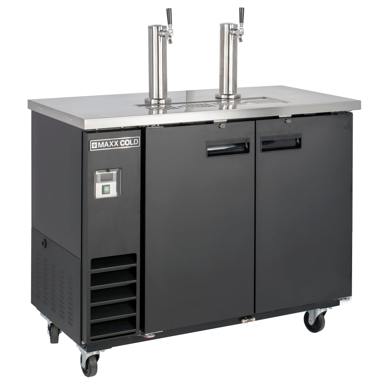 Maxx Cold Dual Tower Beer Dispenser, 47.5"W, 10.5 cu. ft., 2 Barrels/Kegs (297L) Storage Capacity, in Black with Stainless Steel Top - MXBD48-2BHC