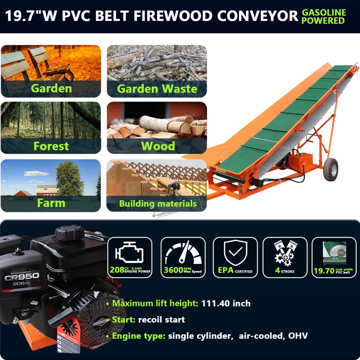 [CLEARANCE] 6.5HP 208cc Firewood Conveyor Max. 9.3ft Lift Height with B&S Engine