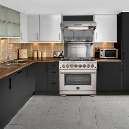 Forno 4-Piece Appliance Package - 36-Inch Dual Fuel Range, Refrigerator, 24-Inch Microwave Drawer, & 3-Rack Dishwasher in Stainless Steel - AP4-6156-36-MWD