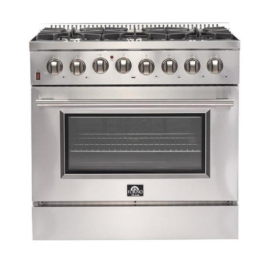 Forno 4-Piece Appliance Package - 36-Inch Dual Fuel Range, Refrigerator, 24-Inch Microwave Oven, & 3-Rack Dishwasher in Stainless Steel - AP4-6156-36-MWO