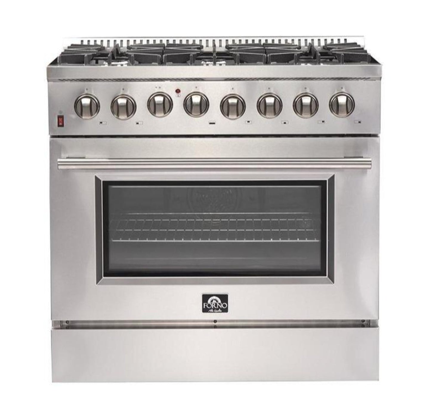 Forno 4-Piece Appliance Package - 36-Inch Dual Fuel Range, Refrigerator, Wall Mount Hood with Backsplash, & 3-Rack Dishwasher in Stainless Steel - AP4-6156-36