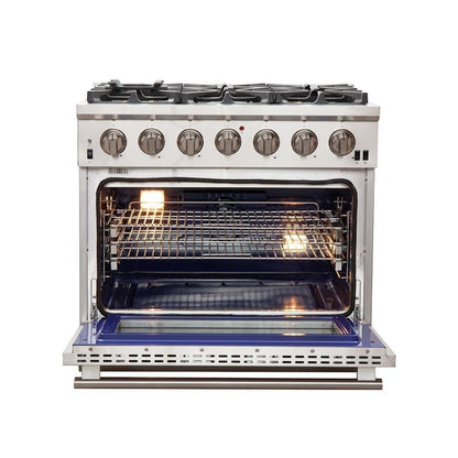 Forno 4-Piece Pro Appliance Package - 36-Inch Gas Range, Refrigerator, 24-Inch Microwave Drawer, & 3-Rack Dishwasher in Stainless Steel - AP4-6260-36-MWD