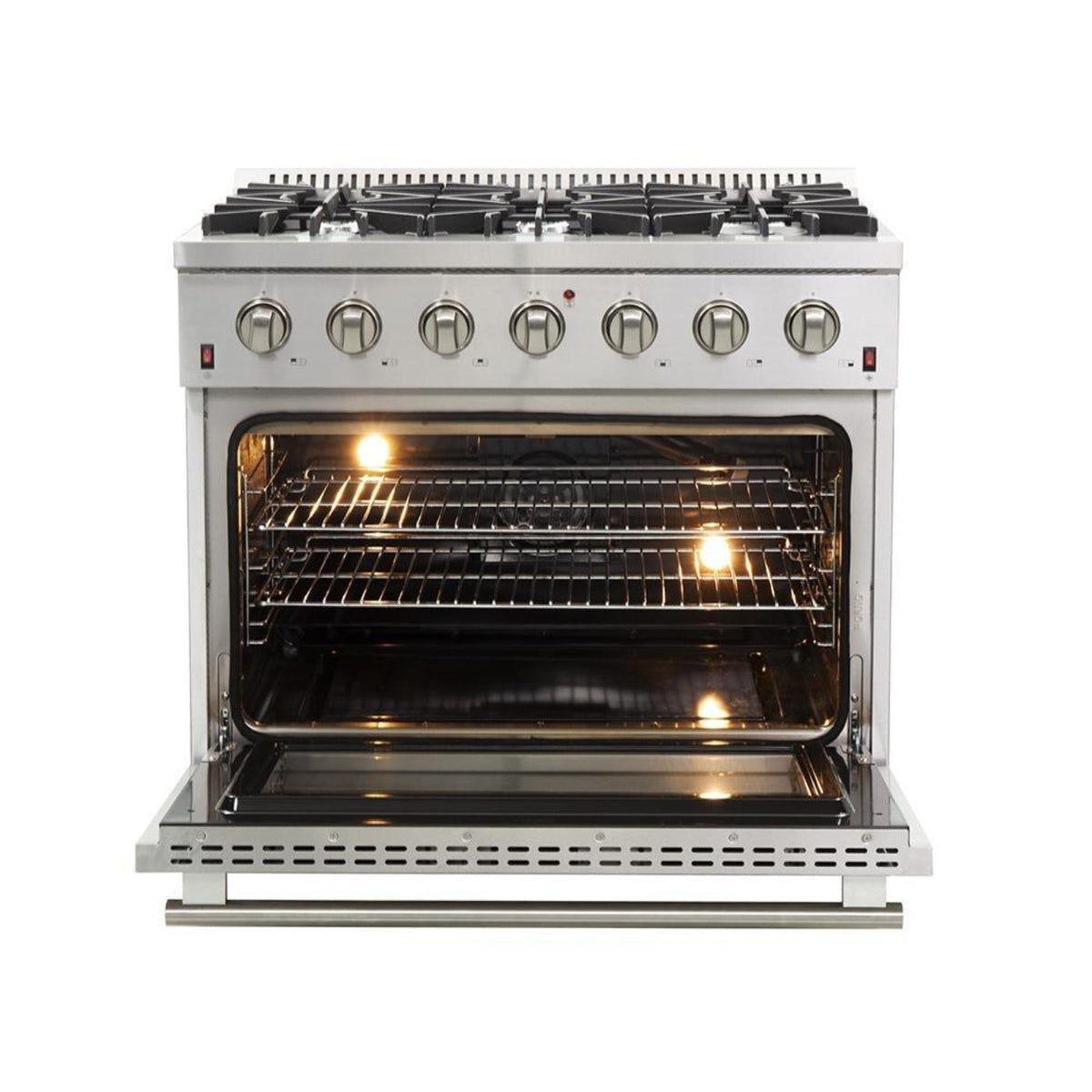 Forno 4-Piece Appliance Package - 36-Inch Gas Range, Refrigerator with Water Dispenser, Wall Mount Hood, & 3-Rack Dishwasher in Stainless Steel - APW4-6244-36-H
