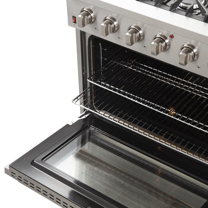 Forno 4-Piece Appliance Package - 36-Inch Gas Range, Refrigerator with Water Dispenser, Wall Mount Hood, & 3-Rack Dishwasher in Stainless Steel - APW4-6244-36-H