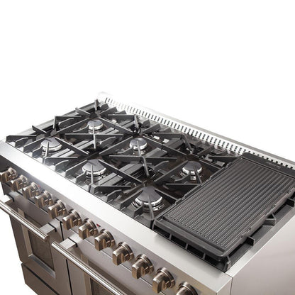 Forno 5-Piece Appliance Package - 48-Inch Dual Fuel Range, Refrigerator with Water Dispenser, Wall Mount Hood, 24-Inch Microwave Drawer, & 3-Rack Dishwasher in Stainless Steel - APW5-6156-48-H-MWD