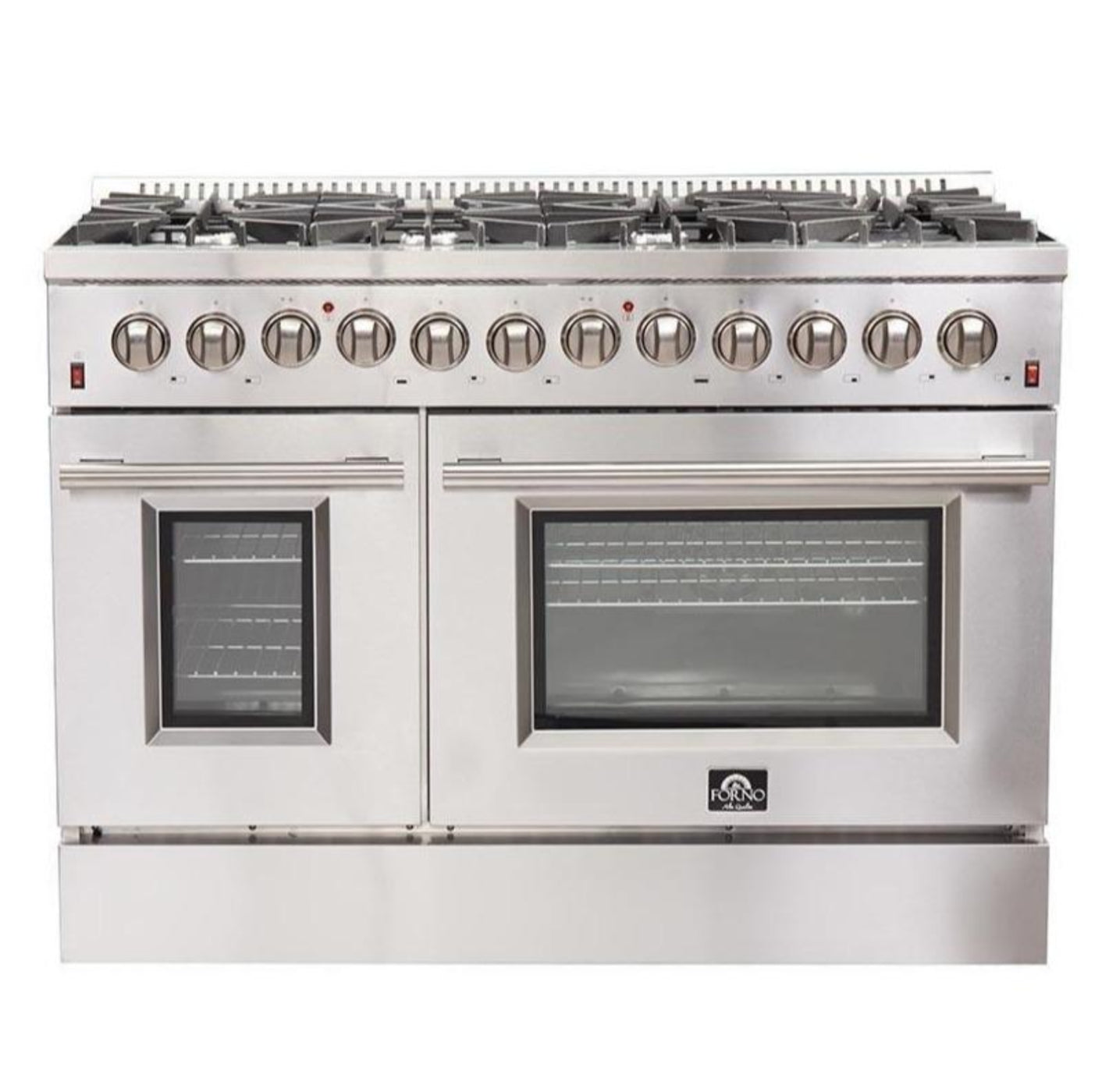 Forno 5-Piece Appliance Package - 48-Inch Dual Fuel Range, Refrigerator with Water Dispenser, Wall Mount Hood, 24-Inch Microwave Oven, & 3-Rack Dishwasher in Stainless Steel - APW5-6156-48-H-MWO