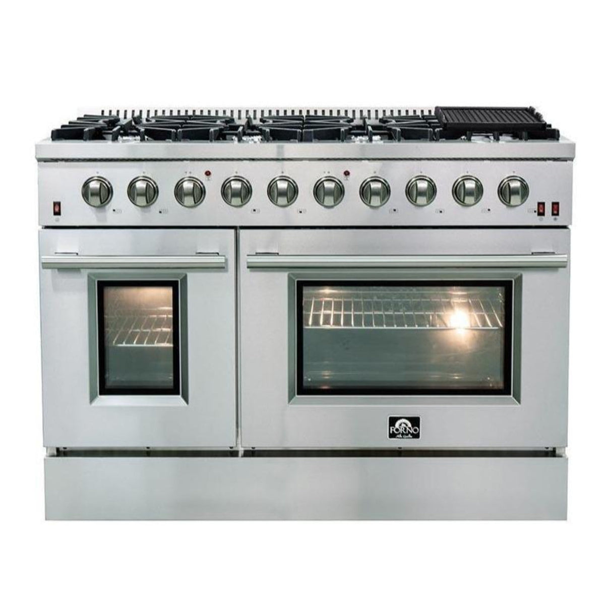 Forno 4-Piece Appliance Package - 48-Inch Gas Range, Refrigerator with Water Dispenser, Wall Mount Hood, & 3-Rack Dishwasher in Stainless Steel - APW4-6244-48-H