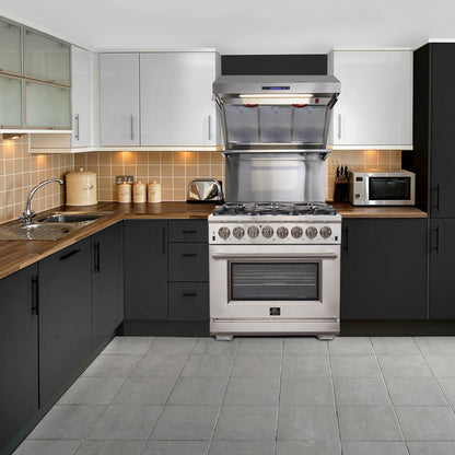 Forno 5-Piece Pro Appliance Package - 36" Dual Fuel Range, 36" Refrigerator, Wall Mount Hood with Backsplash, 24-Inch Microwave Drawer, and Dishwasher in Stainless Steel - AP5-6187-36-MWD