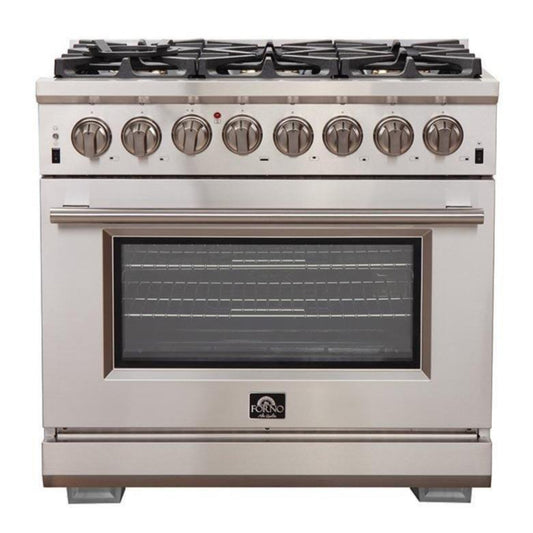 Forno 5-Piece Pro Appliance Package - 36-Inch Dual Fuel Range, Refrigerator, Wall Mount Hood, 24-Inch Microwave Oven, & 3-Rack Dishwasher in Stainless Steel - APR5-6187-36-H-MWO