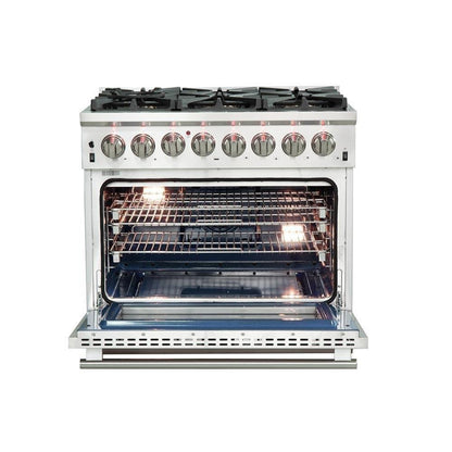 Forno 5-Piece Pro Appliance Package - 36-Inch Dual Fuel Range, Refrigerator, Wall Mount Hood with Backsplash, 24-Inch Microwave Oven, & 3-Rack Dishwasher in Stainless Steel - AP5-6187-36-MWO