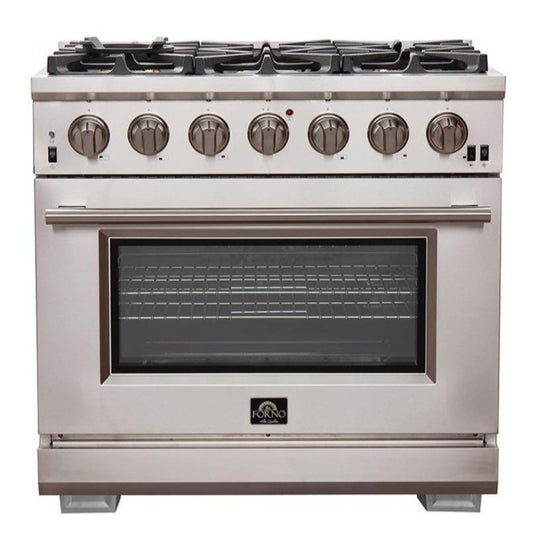 Forno 5-Piece Pro Appliance Package - 36-Inch Gas Range, Refrigerator, Wall Mount Hood with Backsplash, 24-Inch Microwave Oven, & 3-Rack Dishwasher in Stainless Steel - AP5-6260-36-MWO
