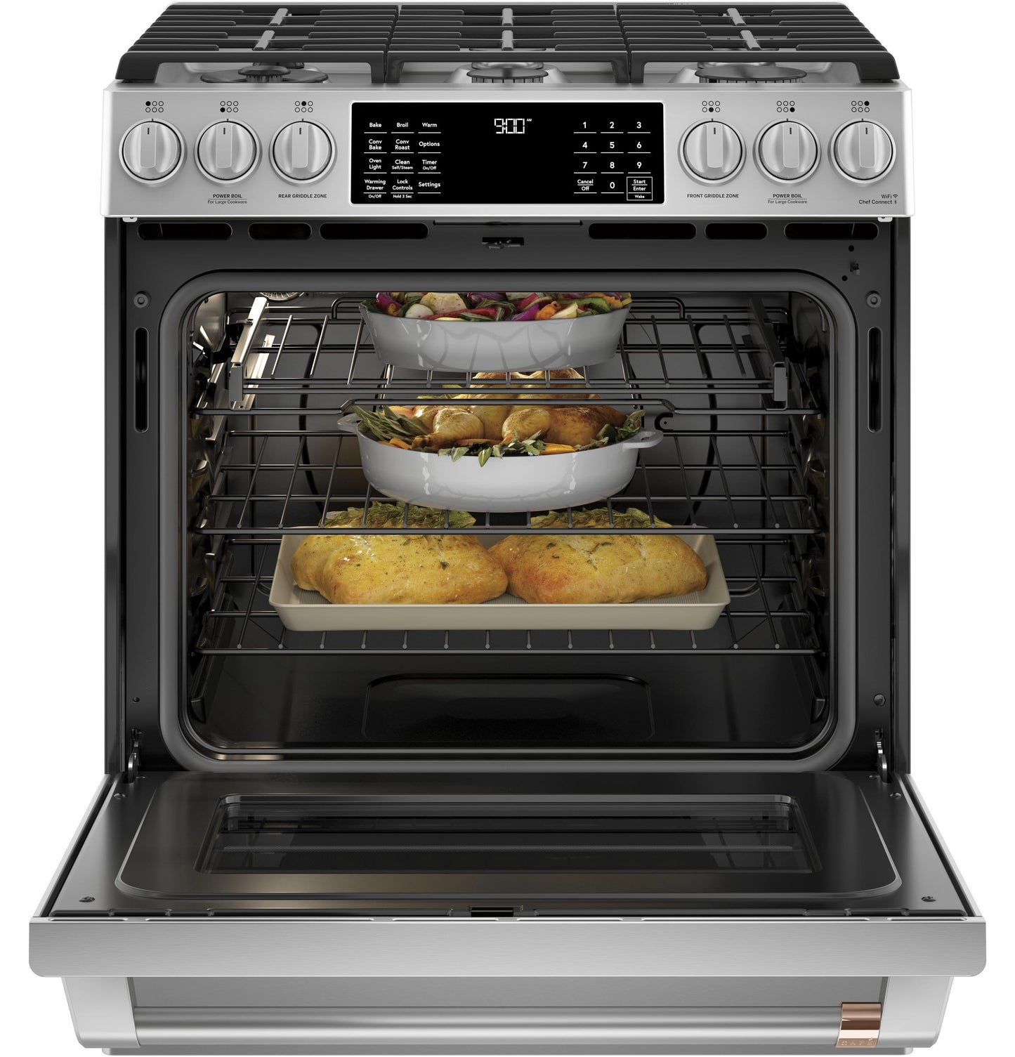CAFE C2S900P2MS1 CAFé 30" Smart Slide-In, Front-Control, Dual-Fuel Range with Warming Drawer in Stainless Steel - C2S900P2MS1