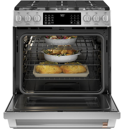 CAFE C2S900P2MS1 CAFé 30" Smart Slide-In, Front-Control, Dual-Fuel Range with Warming Drawer in Stainless Steel - C2S900P2MS1