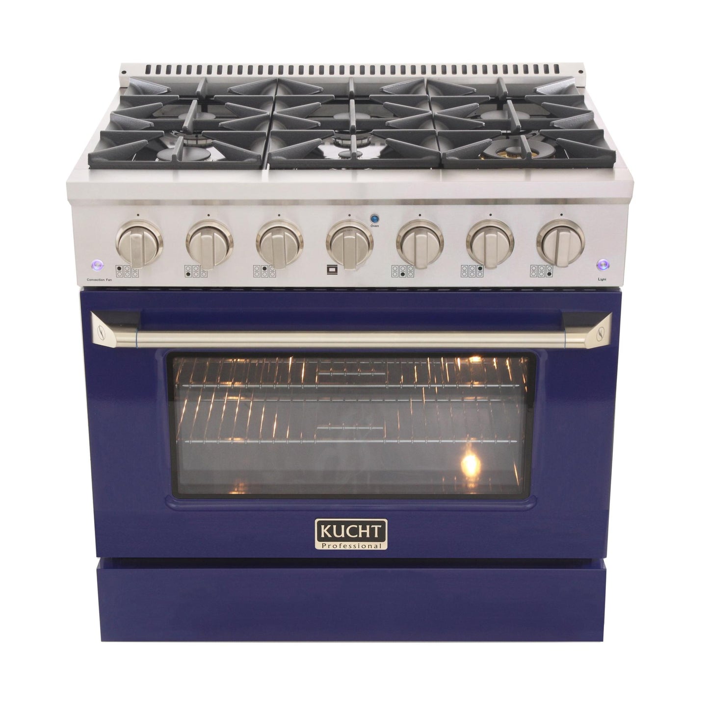 KUCHT KNG361B KUCHT Professional 36 in. 5.2 cu. ft. Natural Gas Range with Sealed Burners and Convection Oven in Stainless Steel with Blue Oven Door - KNG361B