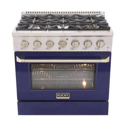 KUCHT KNG361B KUCHT Professional 36 in. 5.2 cu. ft. Natural Gas Range with Sealed Burners and Convection Oven in Stainless Steel with Blue Oven Door - KNG361B