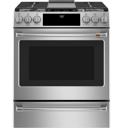 CAFE C2S900P2MS1 CAFé 30" Smart Slide-In, Front-Control, Dual-Fuel Range with Warming Drawer in Stainless Steel - C2S900P2MS1
