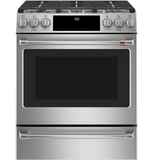 CAFE C2S900P2MS1 CAFé 30" Smart Slide-In, Front-Control, Dual-Fuel Range with Warming Drawer in Stainless Steel - C2S900P2MS1